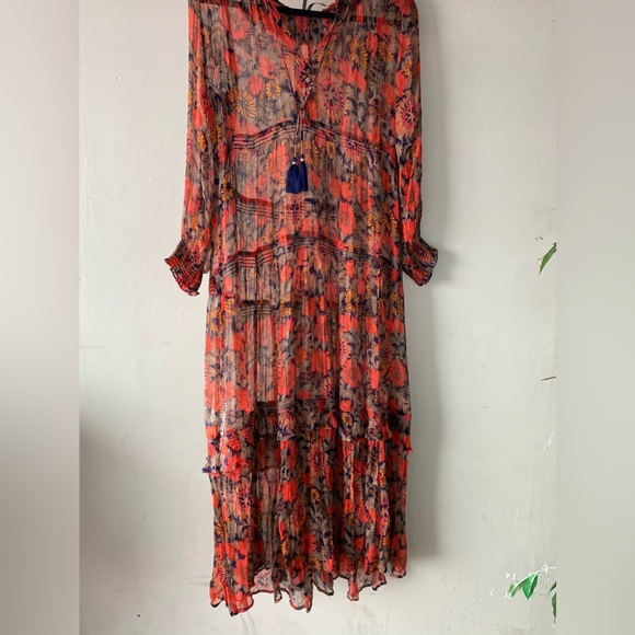 Anthropologie The Marais Red Floral Chiffon Maxi Dress XSP Boho Tiered - Picture 4 of 15
